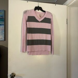 Pink and Gray Striped V-Neck Hi-Liw Sweater